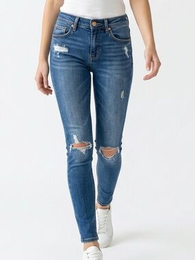 Blank NYC The Reade Distressed Skinny Jeans Blue Dark Wash 25 Raw Hem 03CA71